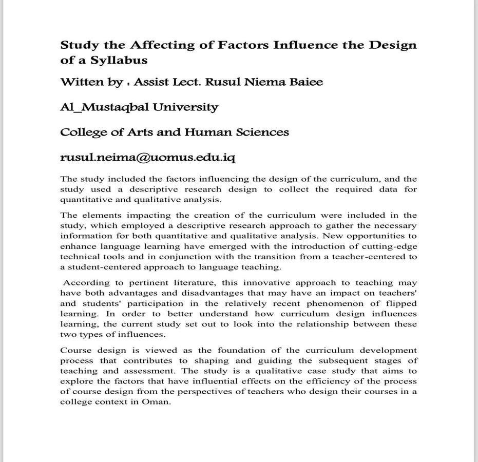 تدريسية من كلية الأداب والعلوم الأنسانية تنشر مقالا بعنوان (study the Affecting  of Factors Influence the Design of a Syllabus)
