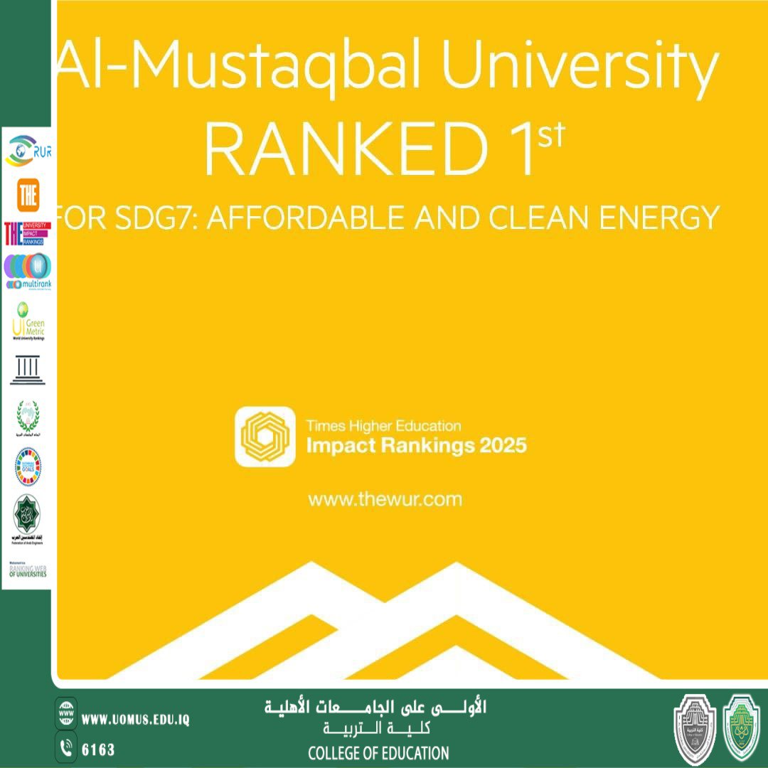 Al-Mustaqbal University Ranks First Globally in Clean and Affordable Energy