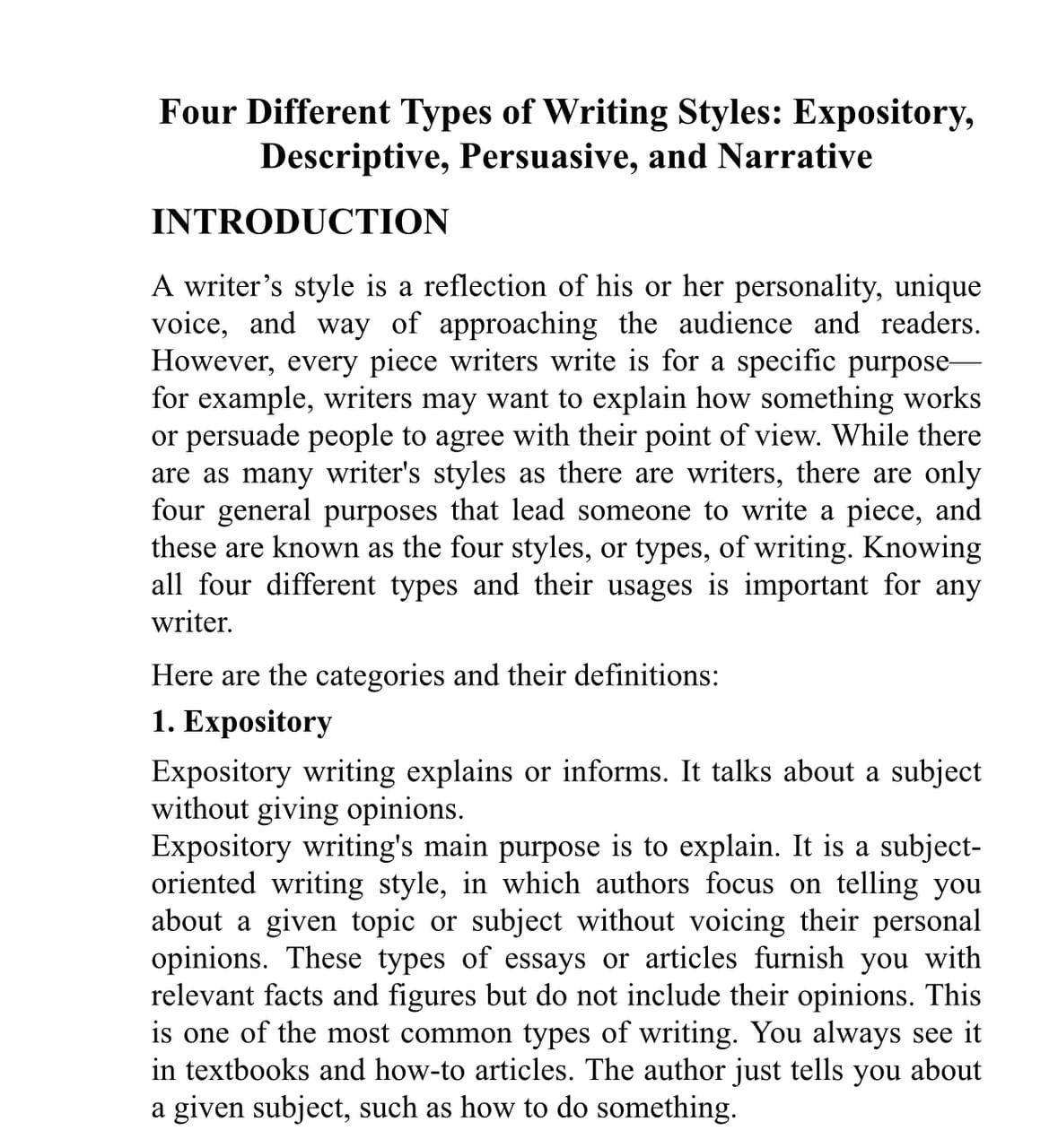 Four Different Types of Writing Styles: Expository, Descriptive, Persuasive, and Narrative