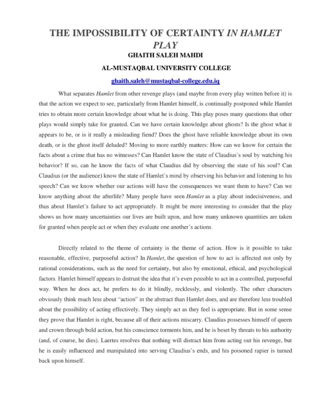 THE IMPOSSIBILITY OF CERTAINTY IN HAMLET PLAY