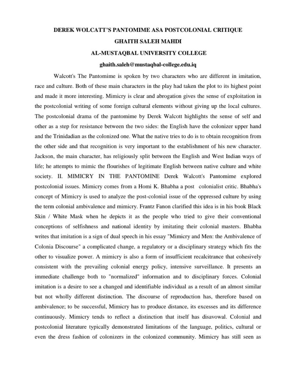 DEREK WOLCATT’S PANTOMIME ASA POSTCOLONIAL CRITIQUE