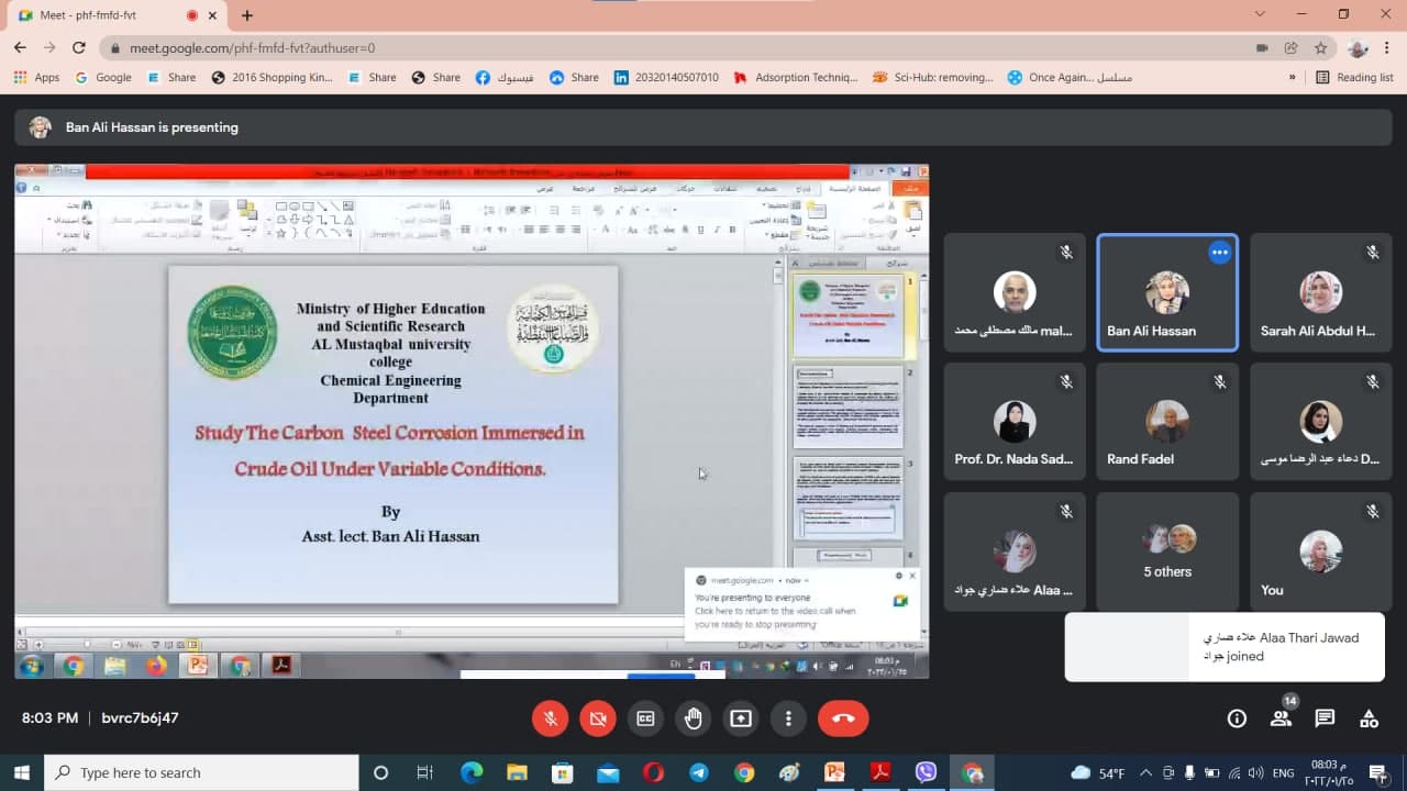ورشة بعنوان " Study The Carbon  Steel Corrosion Immersed in Crude Oil Under Variable Conditions" قامت بها التدريسية م.م. بان علي حسن