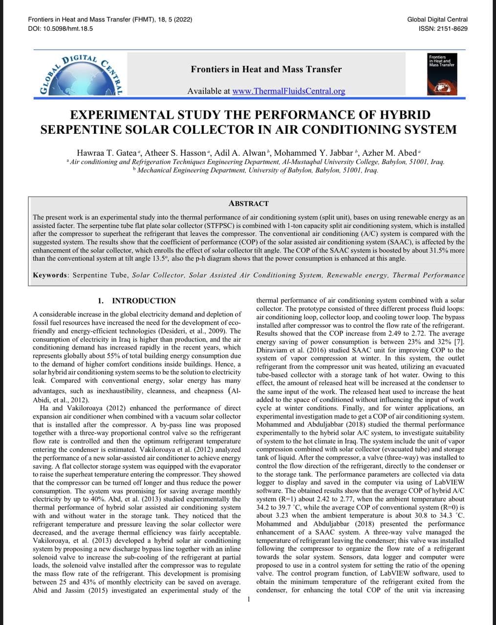 EXPERIMENTAL STUDY THE PERFORMANCE OF HYBRID SERPENTINE SOLAR COLLECTOR IN AIR CONDITIONING SYSTEM