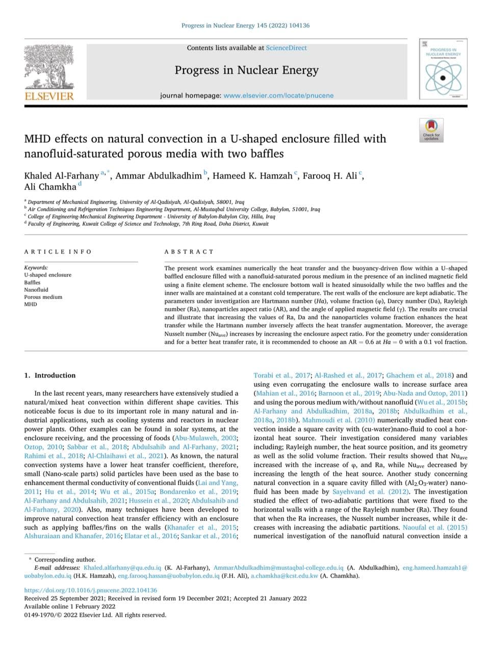 MHD effects on natural convection in a U-shaped enclosure filled with nanofluid-saturated porous media with two baffles 