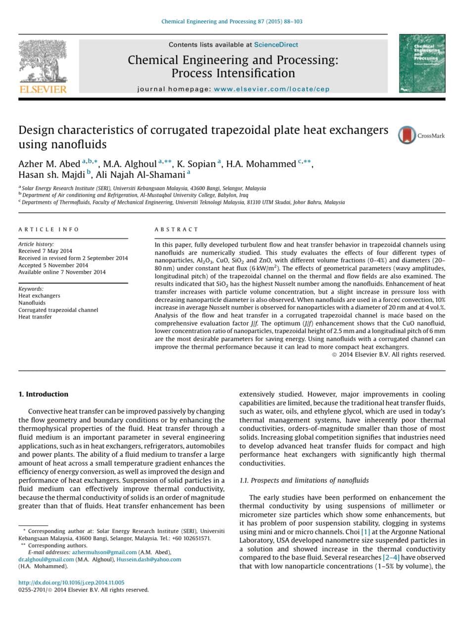Design characteristics of corrugated trapezoidal plate heat exchangers using nanofluids