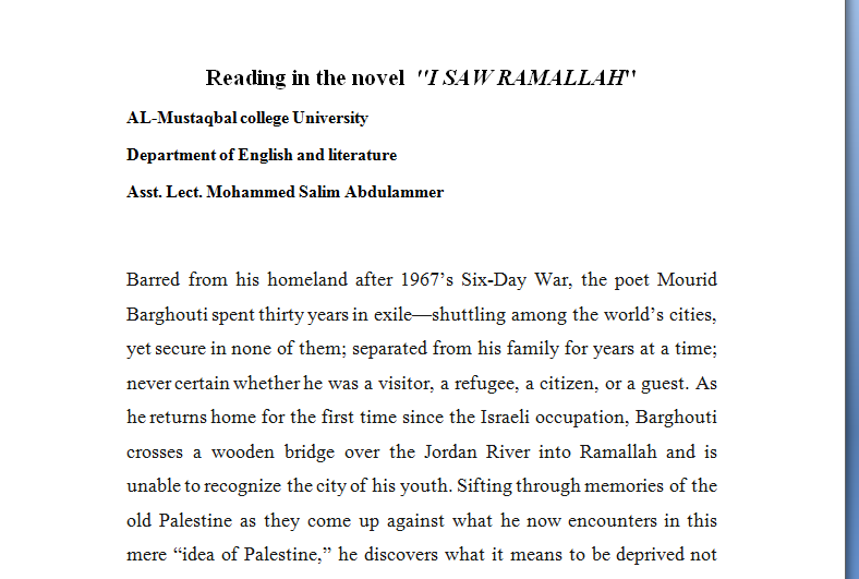 Reading in the novel  ''I SAW RAMALLAH'' AL-Mustaqbal college University Department of English and literature Asst. Lect. Mohammed Salim Abdulammer