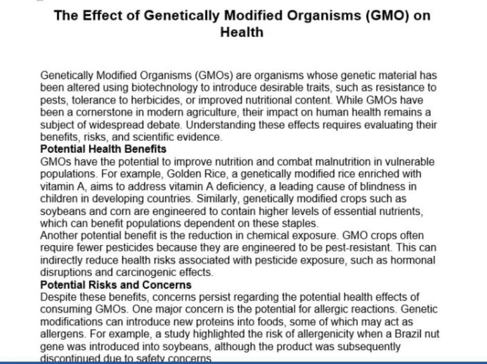  The Effect of Genetically Modified Organisms (GMO) on Health