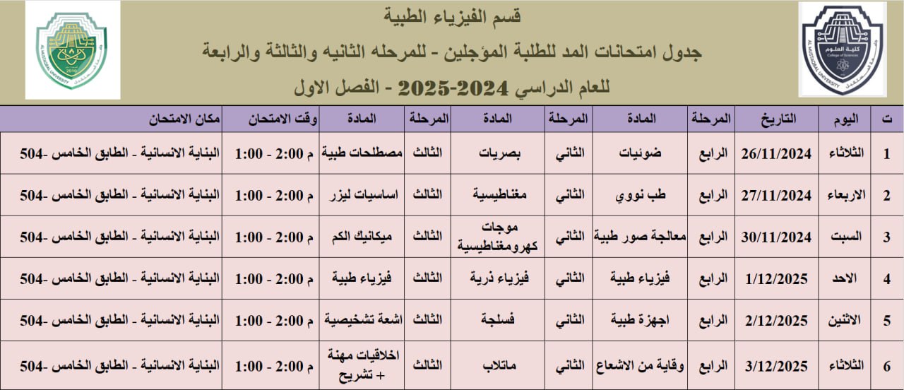 جدول امتحانات  المد للطلبة المؤجلين 