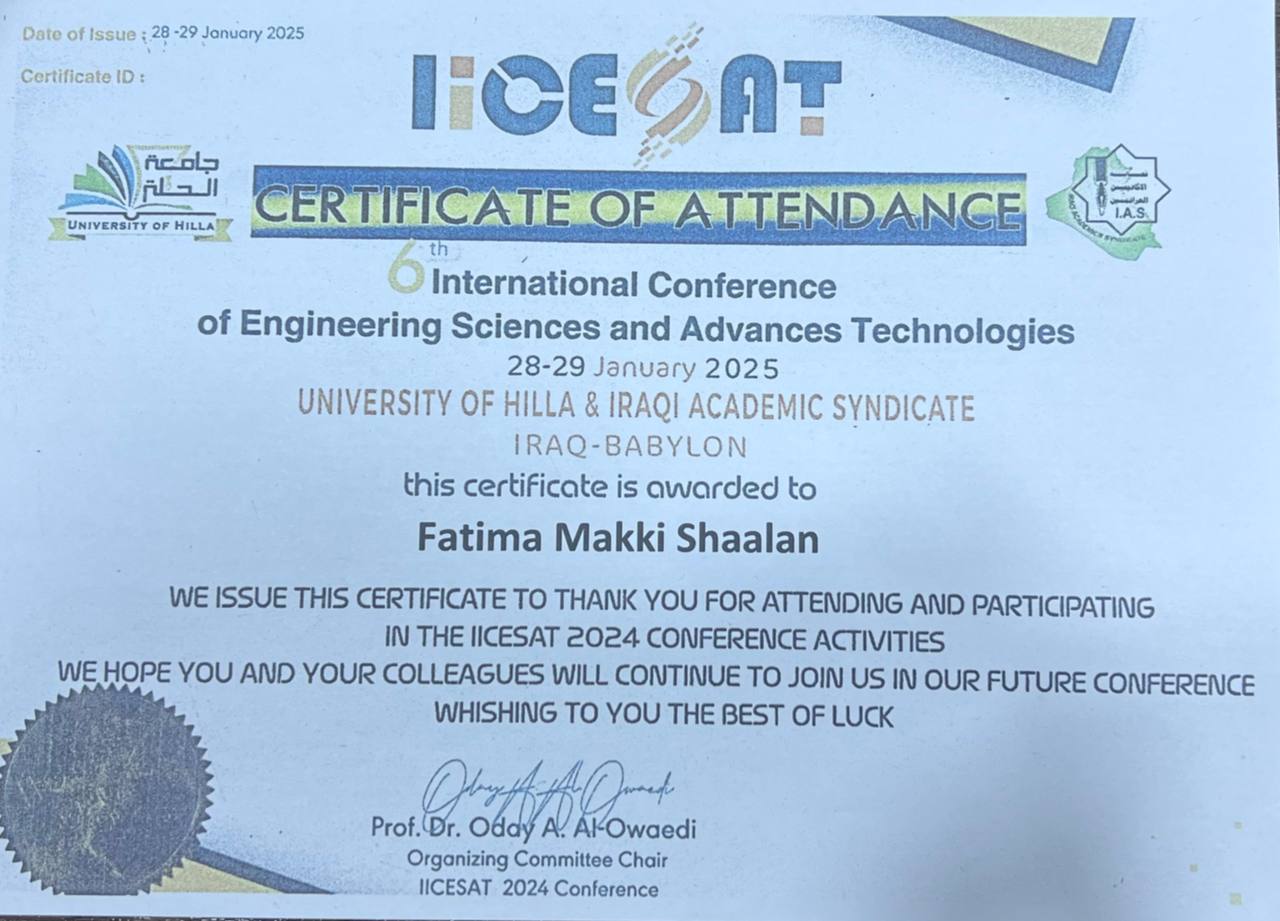 Lecturer (M.M. Fatima Makki) attended the Sixth International Scientific Conference on Engineering Sciences and Advanced Technologies