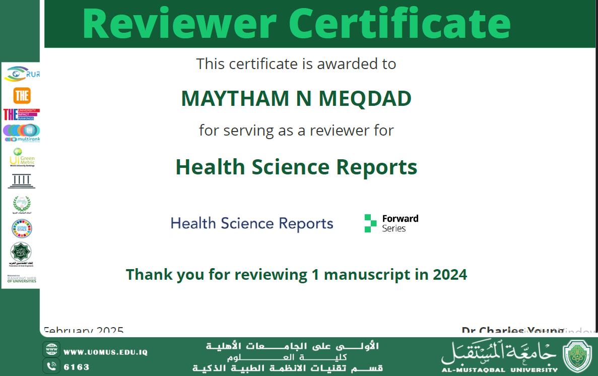 Dr. Maytham Nabil Muqdad Ajjam, Head of the Intelligent Medical Systems Department, Receives a Certificate of Appreciation from Wiley Publishing.
