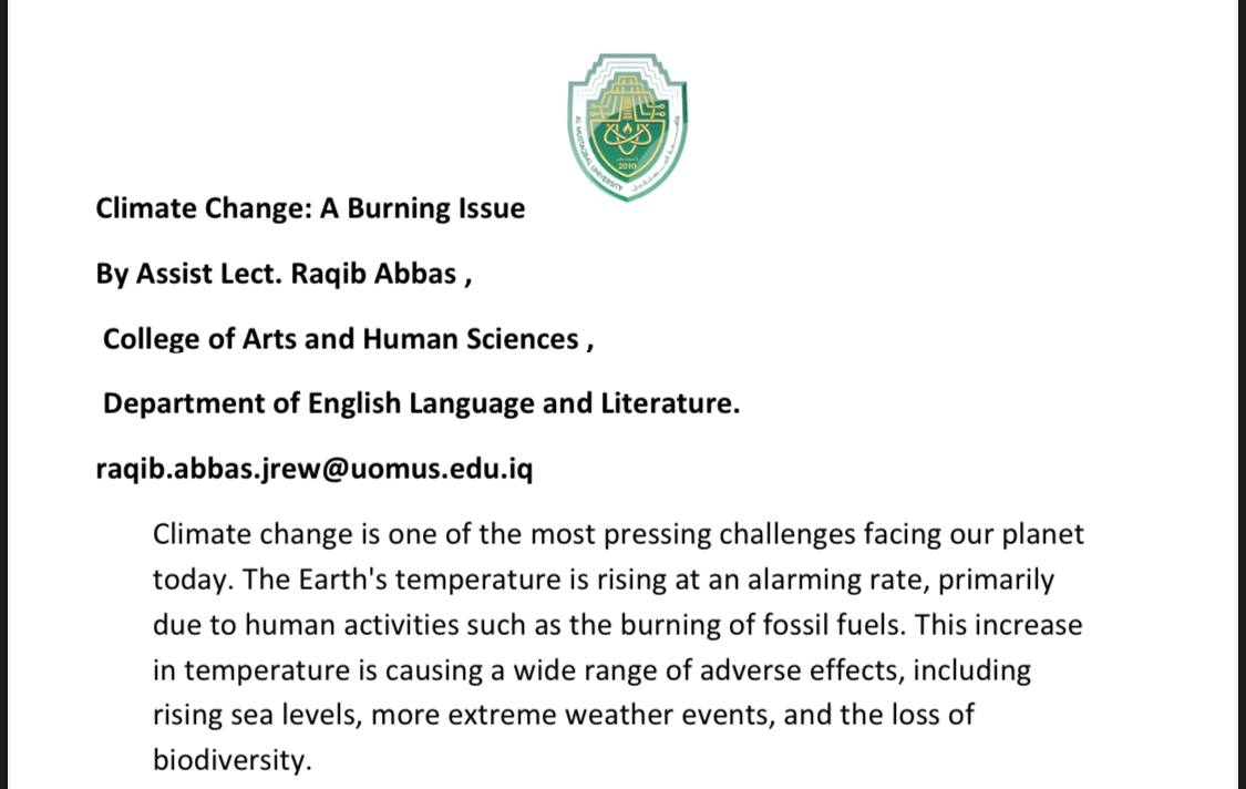 مقالا علميا للتدريسي راقب عباس بعنوان :Climate Change: A Burning Issue 