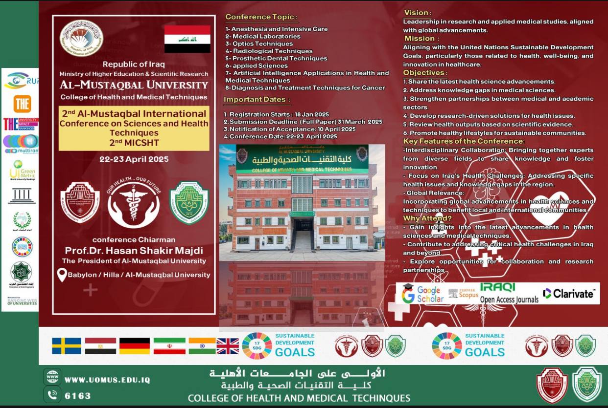يسر جامعة المستقبل / كلية التقنيات الصحية والطبية أن تعلن عن تنظيم مؤتمرها الدولي الثاني ”مؤتمر المستقبل الدولي الثاني للعلوم والتقنيات الصحية”،