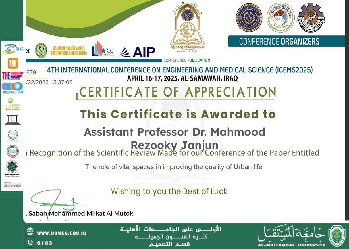 Dr. Mahmood Rezooky Janjun, Head of the Design Department at Al-Mustaqbal University, Honored for His Scientific Contribution at ICEMS2025