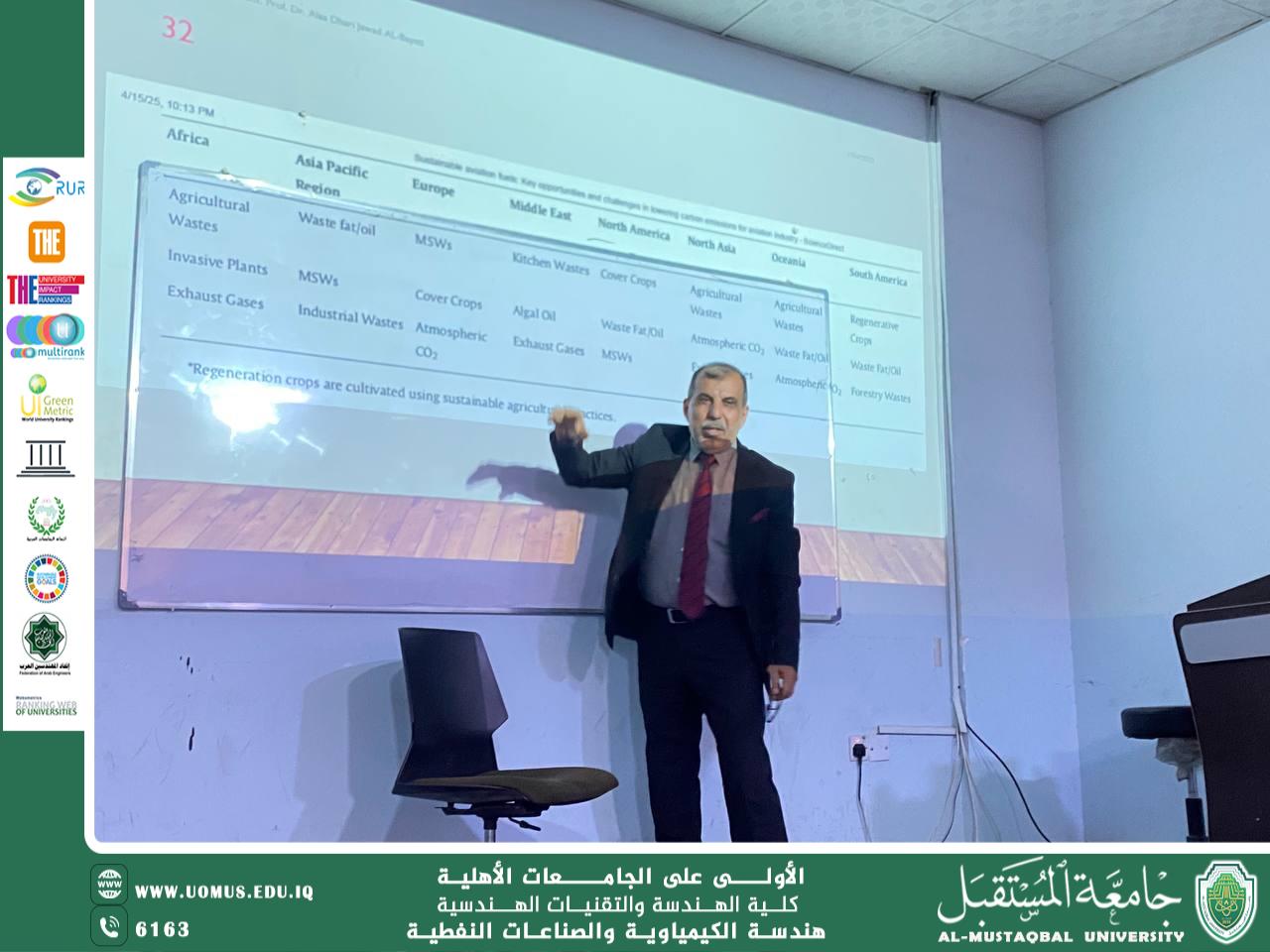 رئيس قسم الهندسة الكيمياوية و الصناعات النفطية الدكتور علاء ضاري البياتي  يشارك بسمنر علمي حول استخدام الوقود الحيوي في الطيران ضمن فعاليات مهرجان الاستدامة الثالث في جامعة المستقبل