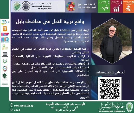 جهود الأستاذ الدكتور علي شعلان معيلف في دعم الاستدامة البيئية عبر  دراسة حالة  حول واقع تربية النحل في محافظة بابل
