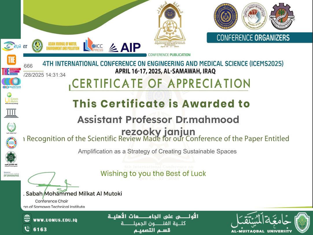 "Honoring the Head of the Department of Design, Associate Professor Dr. Mahmoud Rizouki Janjoun, for his contribution to supporting scientific research at a prestigious international conference."