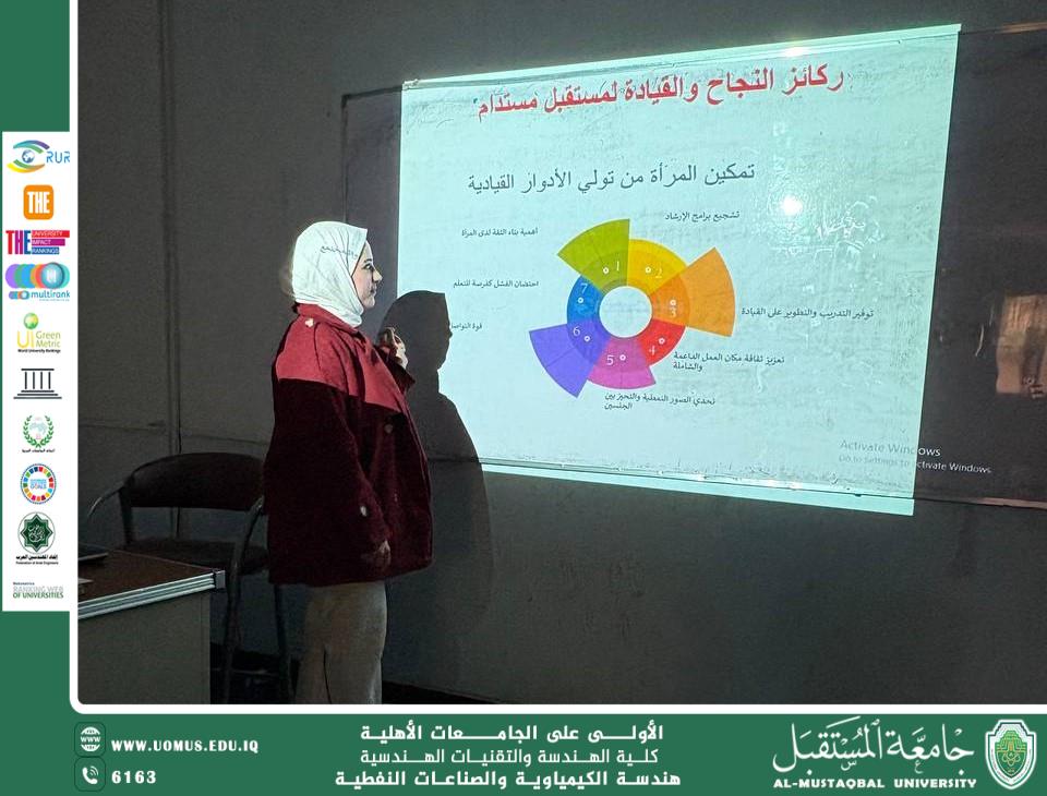 "بأيدي النساء يُصنع المستقبل: جامعة المستقبل قسم الهندسة الكيمياوية و الصناعات النفطية  يعقد ورشة تمكينية ضمن ركيزة التعافي للخطة الوطنية الثالثة للمرأة والسلام والأمن"