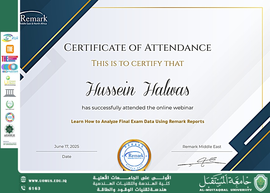 Dr. Hussein Kadhim Halwas Participates in REMARK Workshop and Receives Certificate of Participation Titled "Learn How to Analyze Final Exam Data Using REMARK Reports"