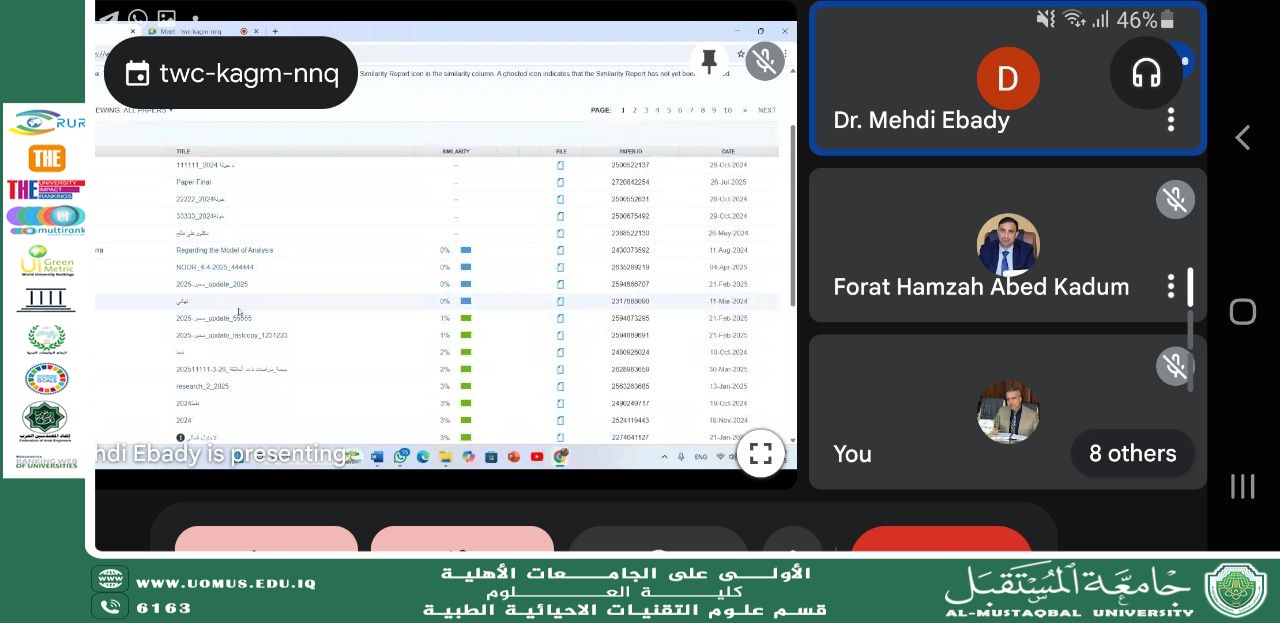 مشاركة متميزة لقسم التقنيات الأحيائية الطبية في ورشة عمل الكترونية حول استخدام برنامج Turnitin.