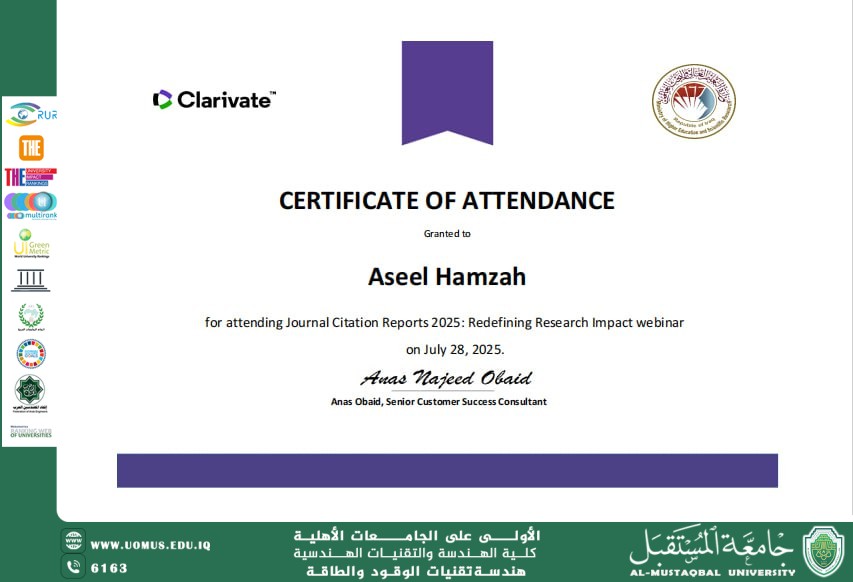 Dr. Asil Safi Hamza Attends Training Course on "Journal Citation Reports 2025: Redefining Research Impact" and Receives Certificate of Attendance