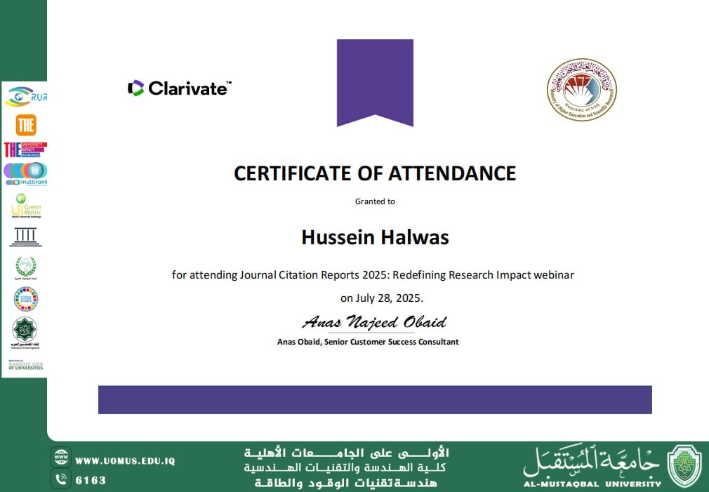 Dr. Hussein Kadhim Halwas Attends Training Course on "Journal Citation Reports 2025: Redefining Research Impact" and Receives Certificate of Attendance
