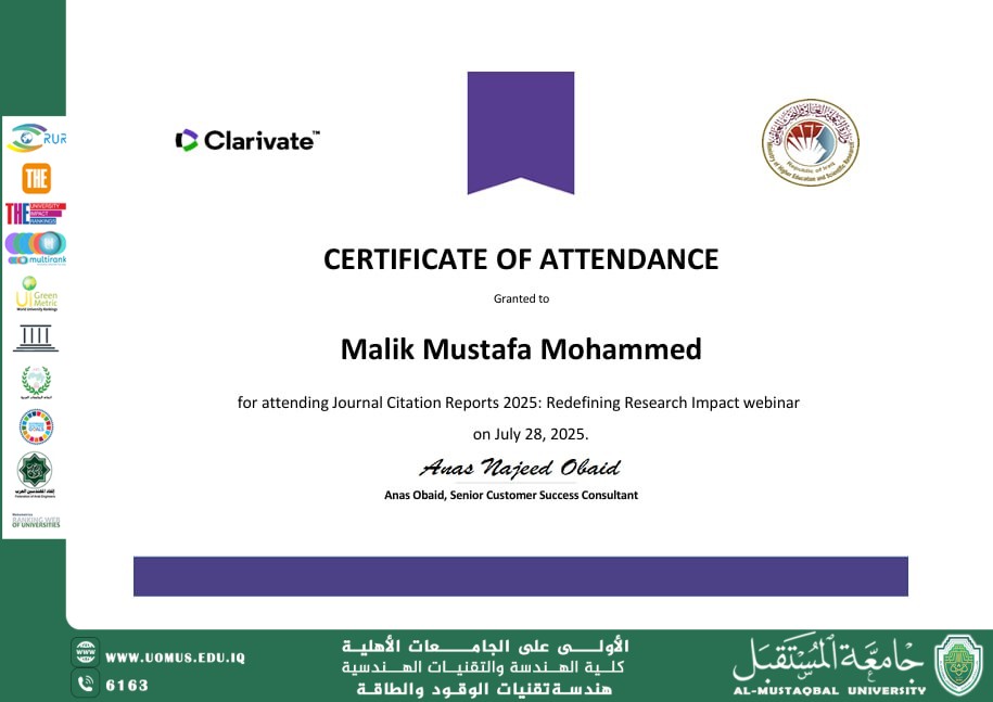 Dr. Malik Mustafa Mohammed Participates in Training Course on "Journal Citation Reports 2025" and Receives Certificate of Attendance