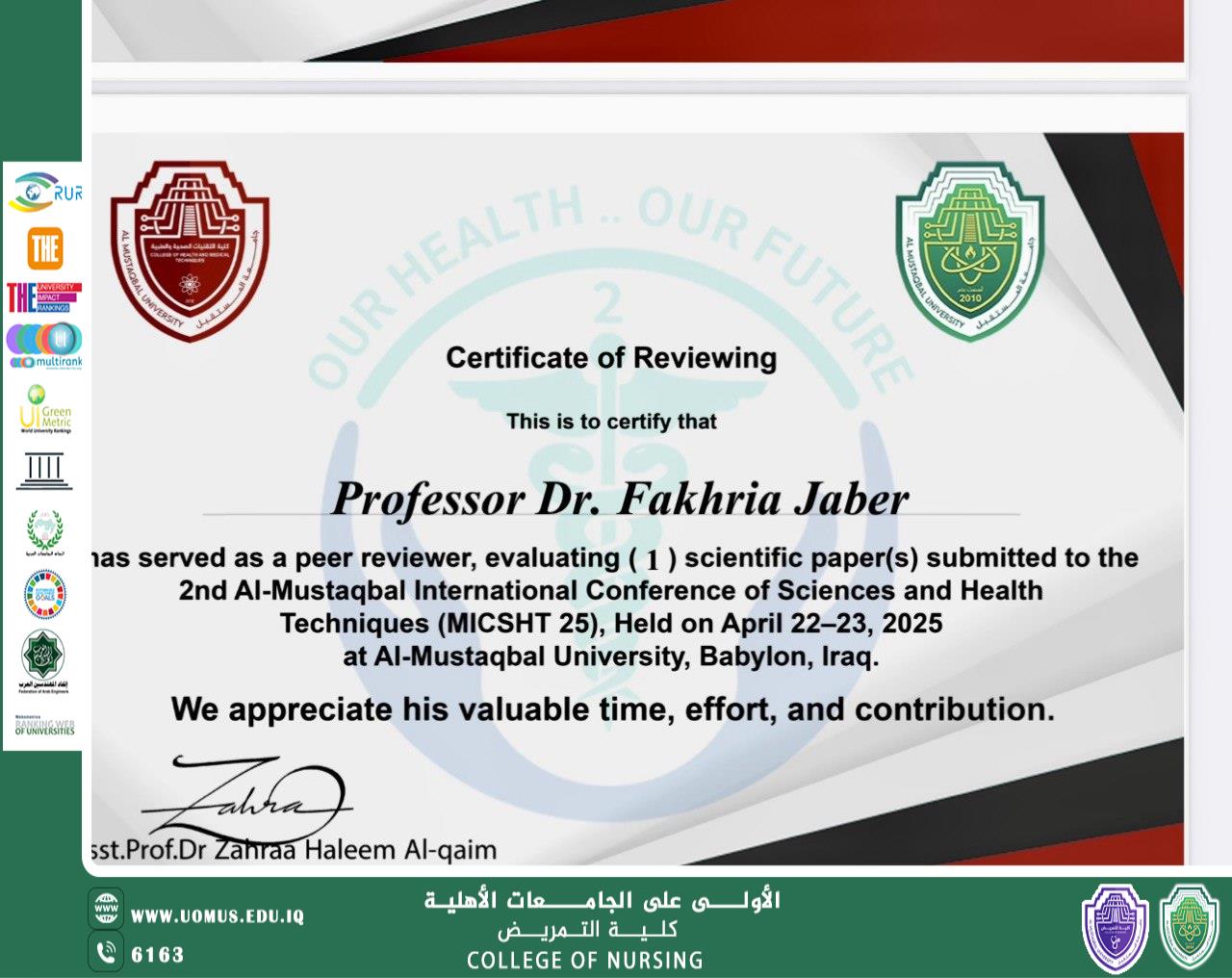 Faculty Member from the College of Nursing Receives Certificate of Appreciation for Evaluating Research at the Colleges of Technology Conference at Al-Mustaqbal University