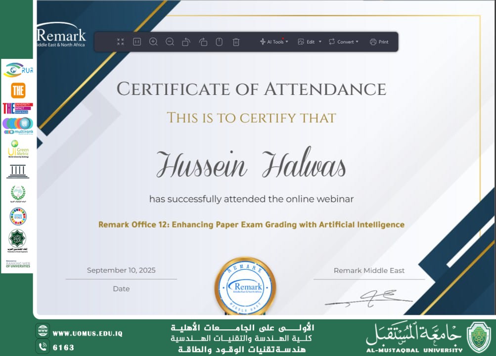 Dr. Hussein Halwas, Lecturer at Al-Mustaqbal University, Participates in International Webinar on Enhancing Exam Grading with Artificial Intelligence
