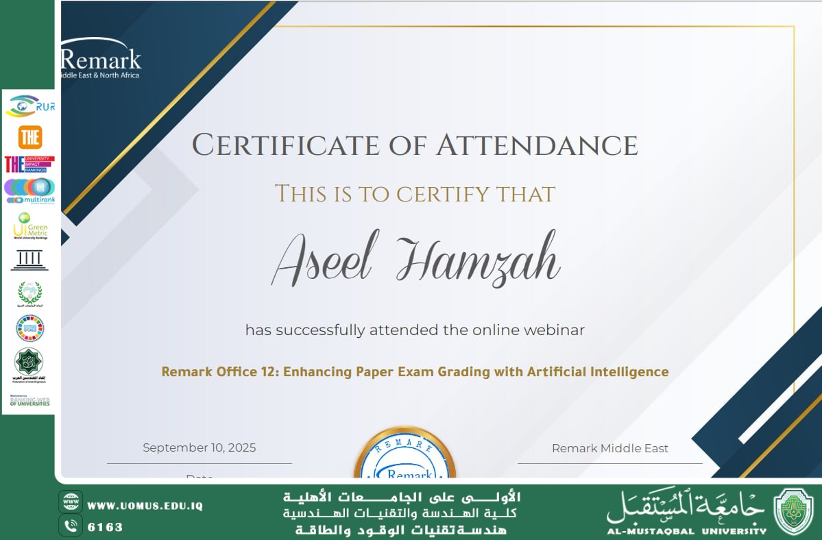 Dr. Aseel Safi Hamzah Receives Certificate of Participation in a Specialized Webinar on Enhancing Education Quality through Artificial Intelligence
