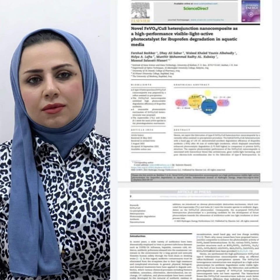 بحث علمي جديد لمقررة قسم تقنيات البصريات في كلية المستقبل الجامعة في مجلة Journal of Hydrogen Energy 