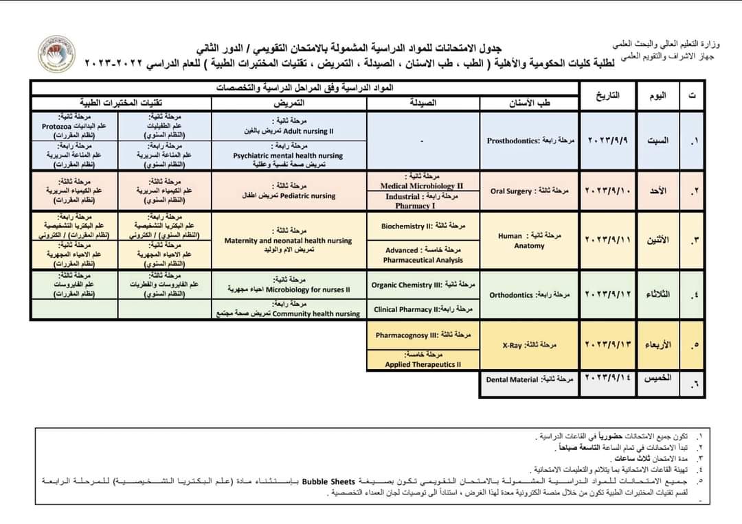 جدول الامتحانات التقويمية