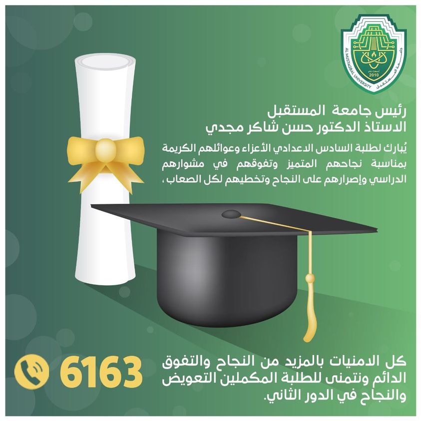 رئيس جامعة المستقبل يُبارك لطلبة السادس الاعدادي الأعزاء بمناسبة نجاحهم وتفوقهم في مشوارهم الدراسي
