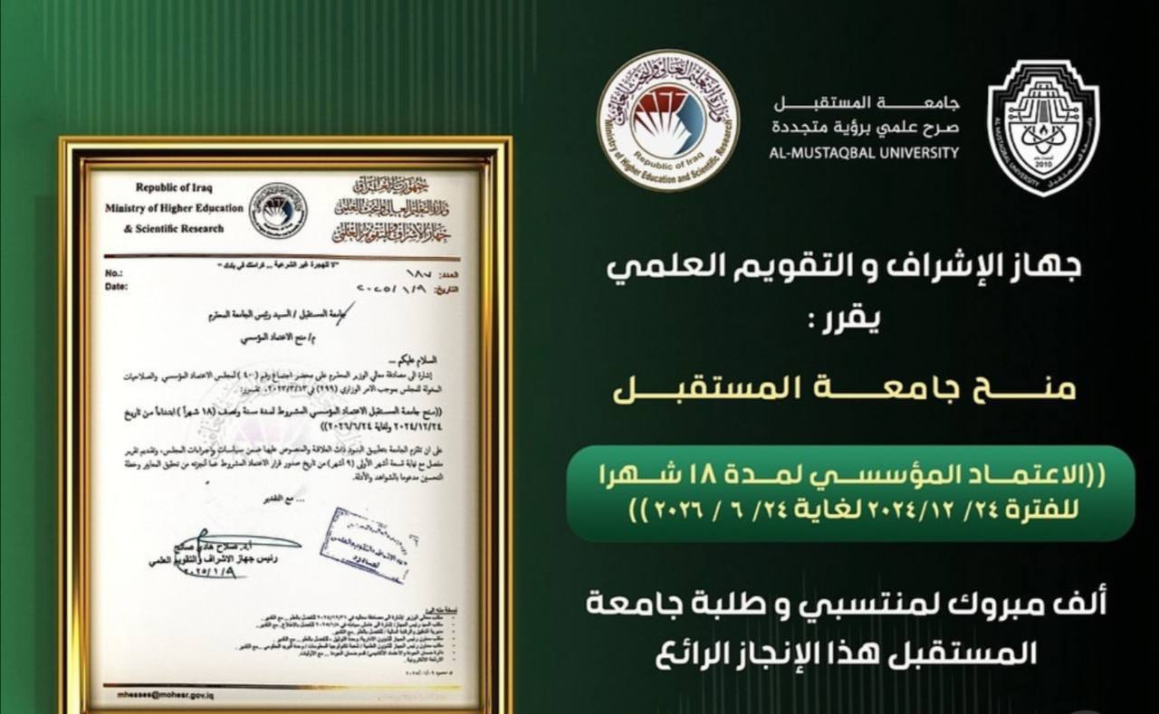 منح جامعة المستقبل الاعتماد المؤسسي لمدة 18 شهراً" للفترة من ))( 24/6/2026 24/12/2024 لغاية